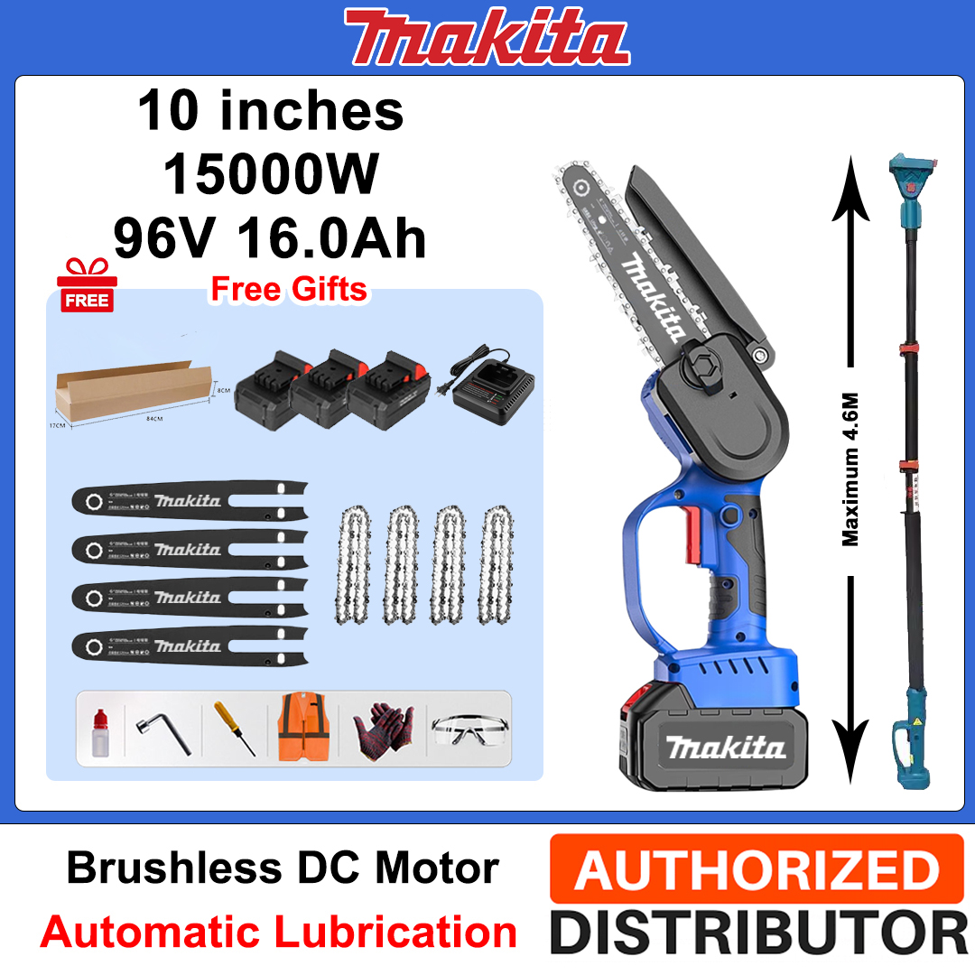 【Tijă de prelungire: 1,5M~4,6M】Afișaj LED de putere - (36 de ore de viață a bateriei) 15000W ferăstrău cu litiu fără carbon de 10 inchi + baterie 96V 16.0Ah * 3 + încărcător + tijă de ghidare * 4 + lanț * 4 + cutie de scule + lubrifiant + ochelari, 10 ani garantie